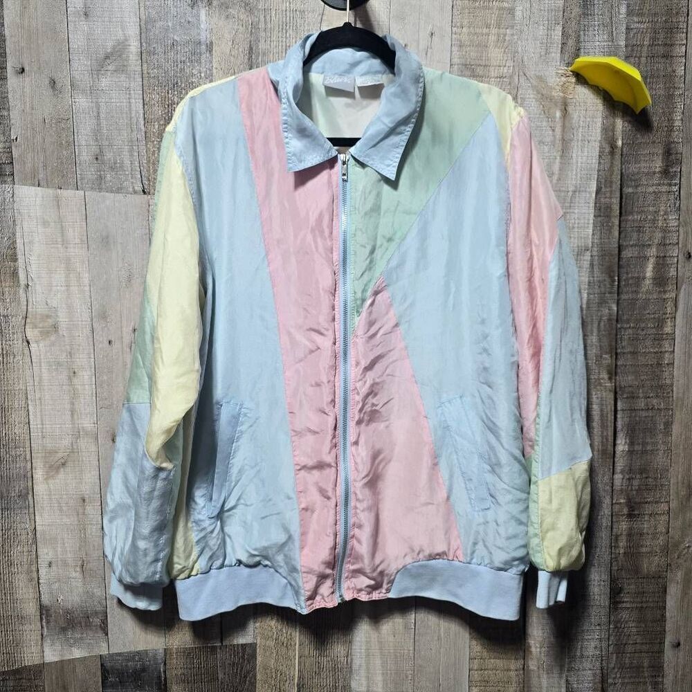 Blair Vintage 90s Pastel Multicolor Patchwork Silk Track Jacket Medium Bright